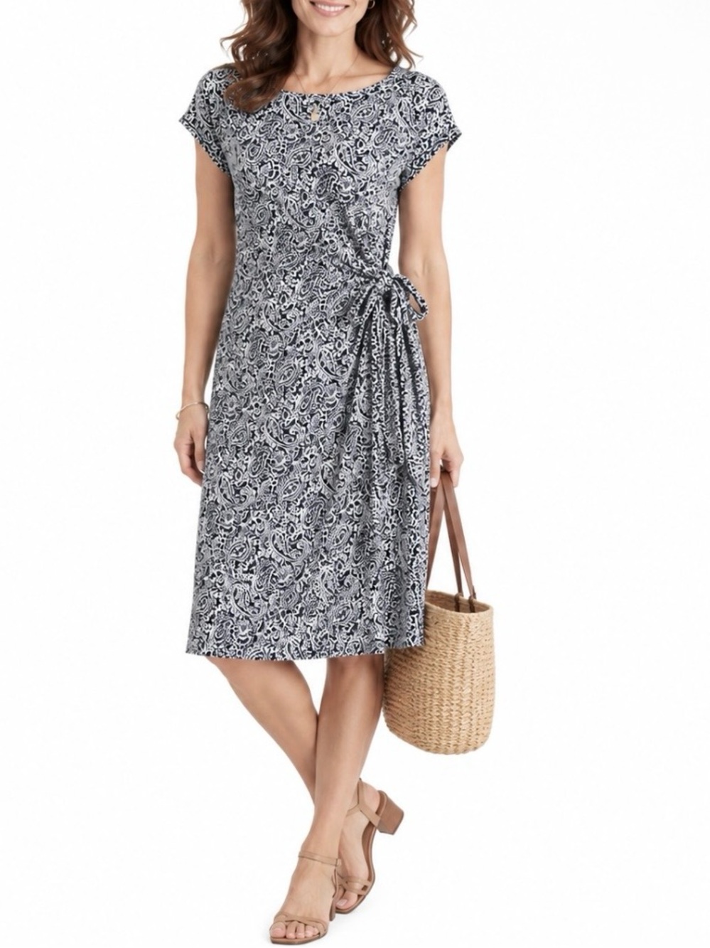 LANDS' END Paisley Tie Waist Soft Stretch Jersey Dress Office Travel Capsule | M